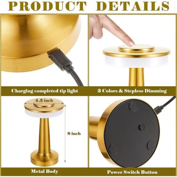 Set of 2 LED Table Lamps Rechargeable Touch Sensor Portable Cordless Gold - Picture 2 of 7